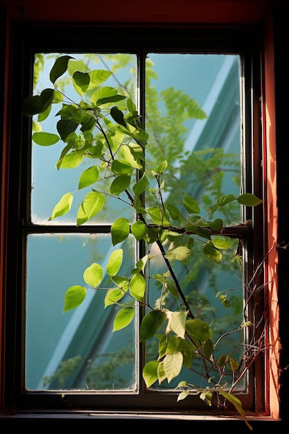 Foto una ventana con una planta que crece fuera de ella y una planta en la ventana