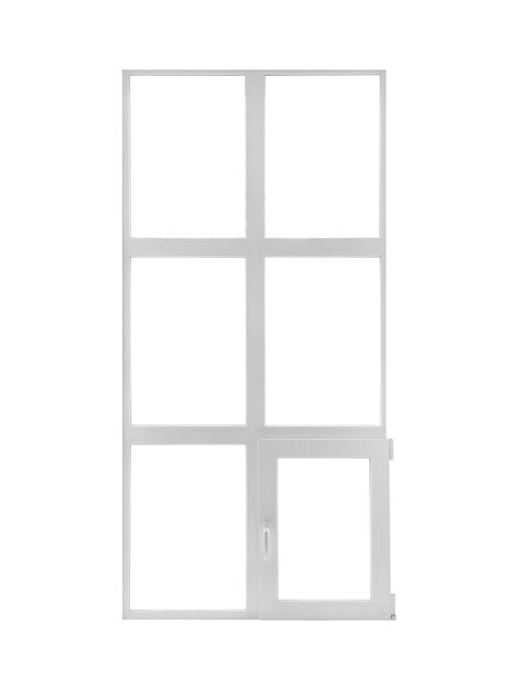 Ventana de plástico blanca con franjas una de las cuales se puede abrir está aislada
