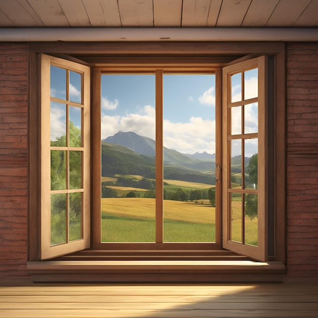Una ventana polvorienta del ático con vistas a un paisaje nostálgico de colinas onduladas