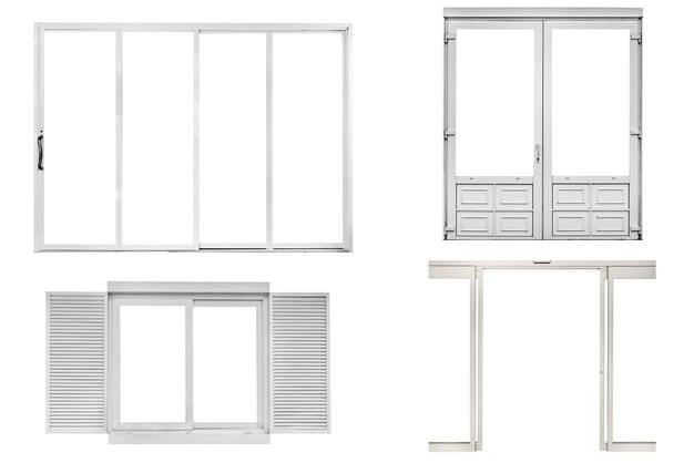 Foto ventana y puerta blancas aisladas sobre un fondo blanco