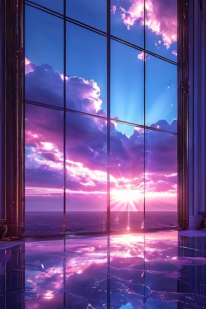 una ventana con una puesta de sol y el cielo se refleja en el vidrio