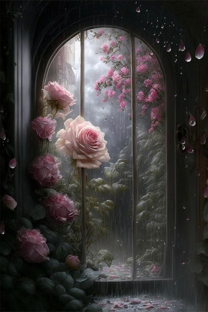 Ventana que tiene algunas flores rosadas en ella generativa ai