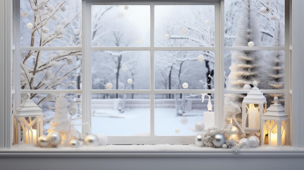 La ventana de la rama de la nieve de Navidad de invierno