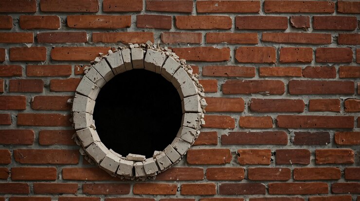 una ventana redonda en una pared de ladrillo con un agujero en el medio
