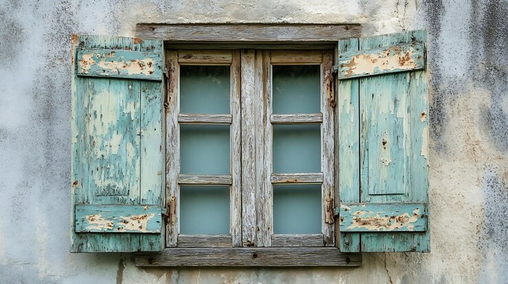 Ventana resistida con persianas abiertas en una pared rústica