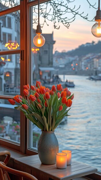 Foto la ventana del restaurante tiene vistas al río y por la noche presenta