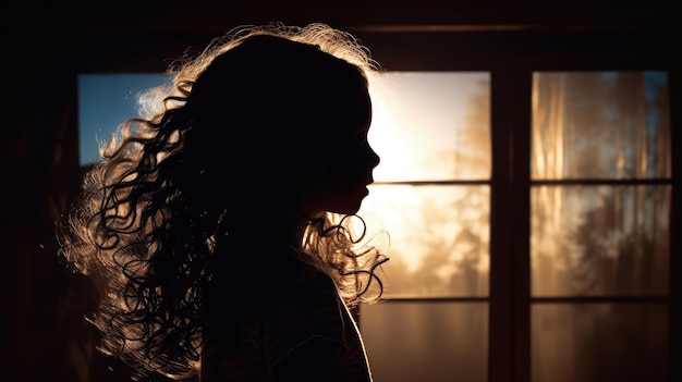 Ventana retroiluminada que muestra la silueta de una joven con cara oscura y cabello brillante en una pancarta vertical