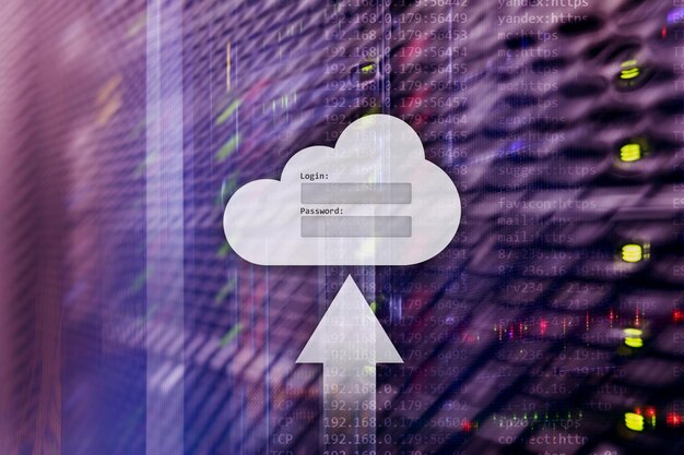 Ventana de solicitud de inicio de sesión y contraseña de acceso a datos de almacenamiento en la nube en el fondo de la sala del servidor Concepto de Internet y tecnología