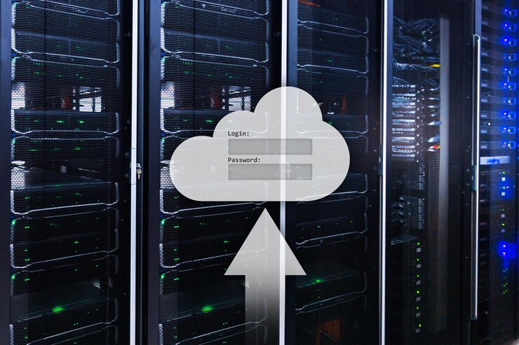 Foto ventana de solicitud de inicio de sesión y contraseña de acceso a datos de almacenamiento en la nube en el fondo de la sala del servidor concepto de internet y tecnología