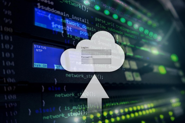 Foto ventana de solicitud de inicio de sesión y contraseña de acceso a datos de almacenamiento en la nube en el fondo de la sala del servidor concepto de internet y tecnología