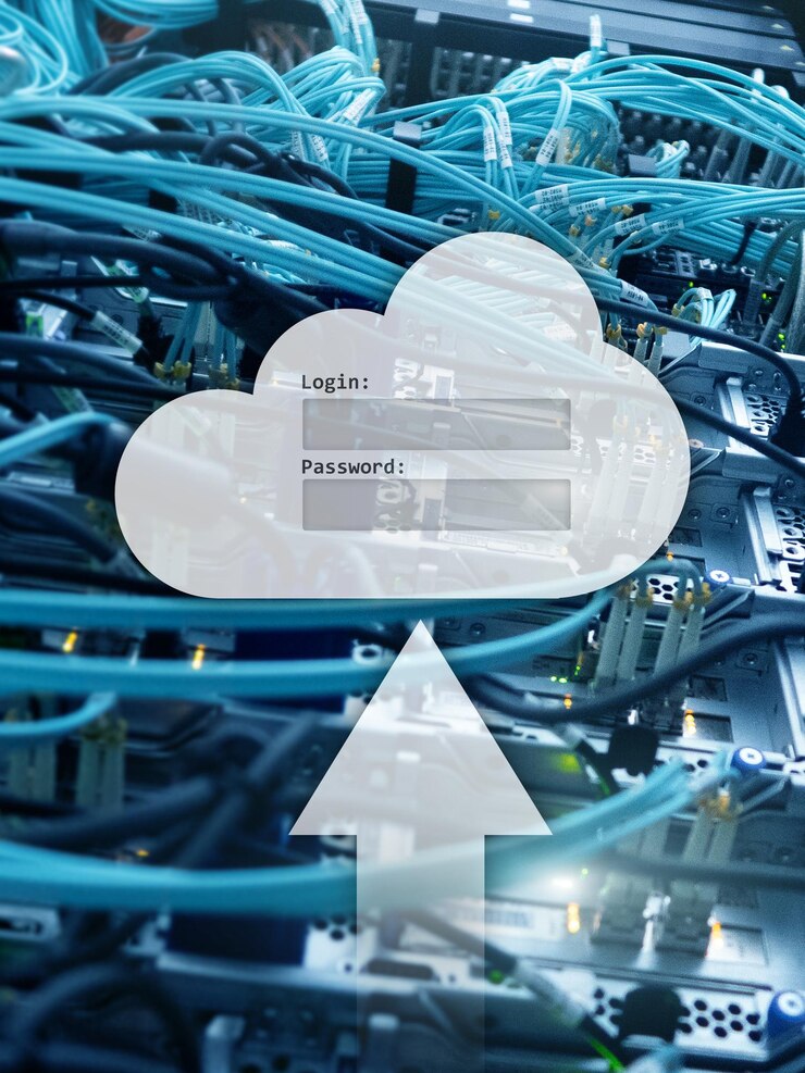 Foto ventana de solicitud de inicio de sesión y contraseña de acceso a datos de almacenamiento en la nube en el fondo de la sala del servidor concepto de internet y tecnología