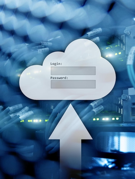 Ventana de solicitud de inicio de sesión y contraseña de acceso a datos de almacenamiento en la nube en el fondo de la sala del servidor Concepto de Internet y tecnología