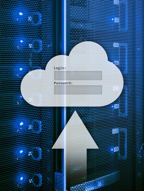 Ventana de solicitud de inicio de sesión y contraseña de acceso a datos de almacenamiento en la nube en el fondo de la sala del servidor Concepto de Internet y tecnología