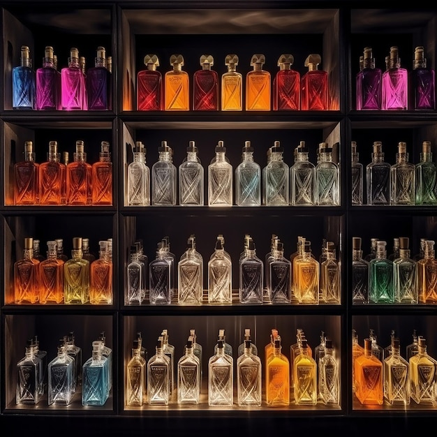 Ventana de la tienda de perfumes Muchas botellas de perfume coloridas en los estantes