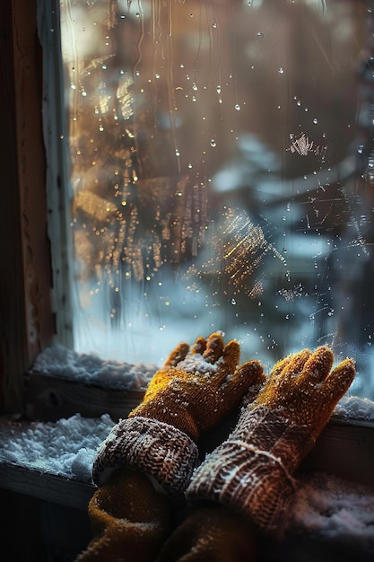 ventana vaporizada con copos de nieve que caen generados por la IA