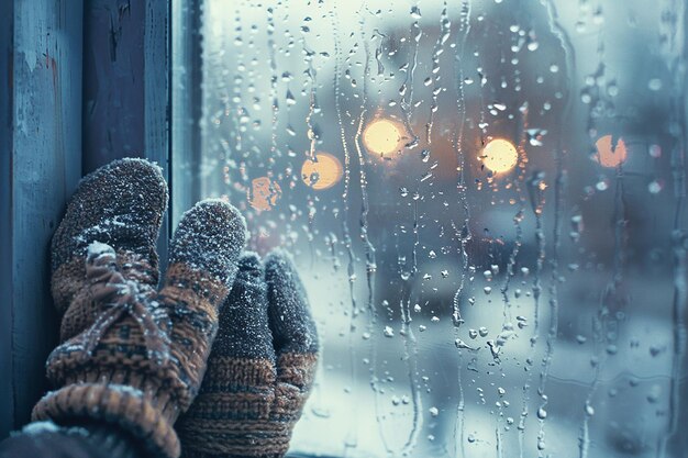 ventana vaporizada con copos de nieve que caen generados por la IA