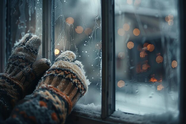ventana vaporizada con copos de nieve que caen generados por la IA