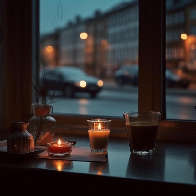 Una ventana con una vela encendida y una taza de café encima.