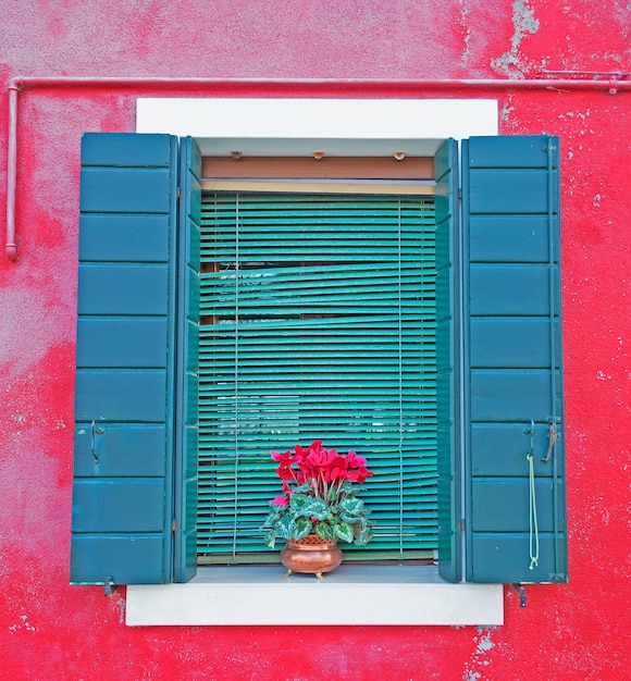 Ventana verde en una pared roja