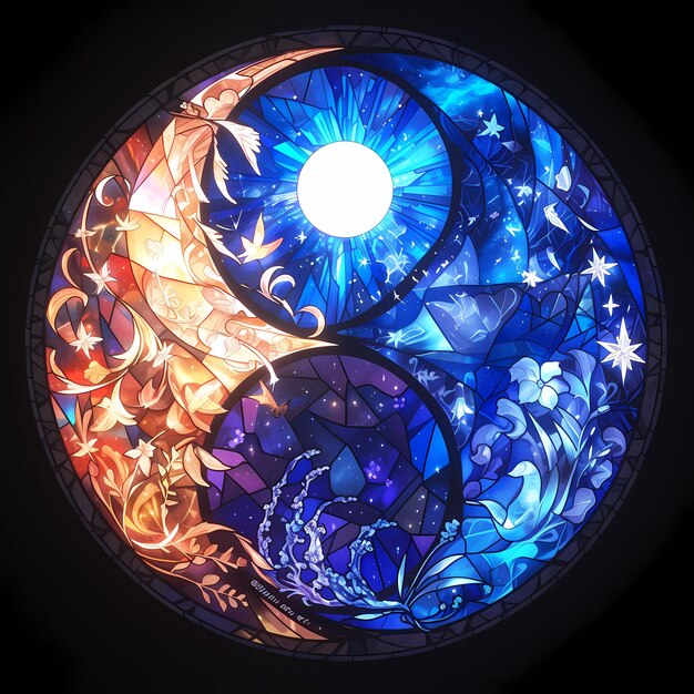Foto ventana de vidriera etérea con elementos celestiales y míticos