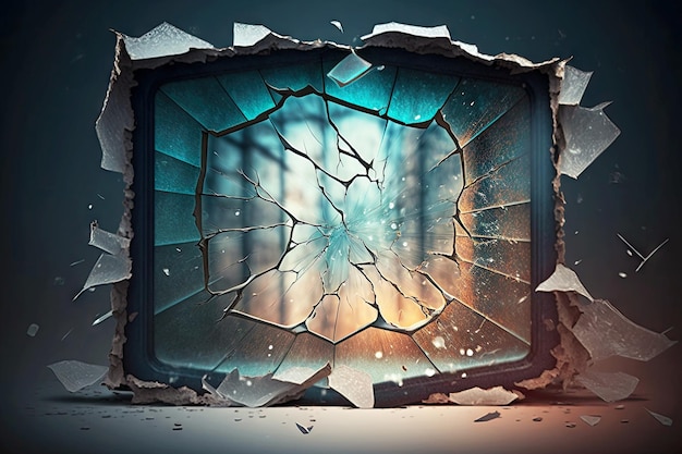 Ventana de vidrio agrietado con marco sobre fondo borroso