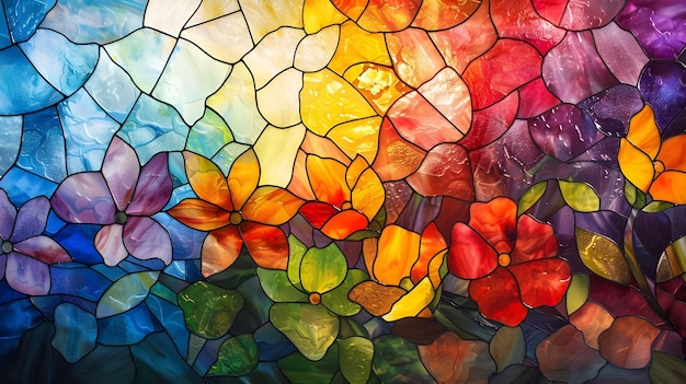 una ventana de vidrio con un arco iris de colores