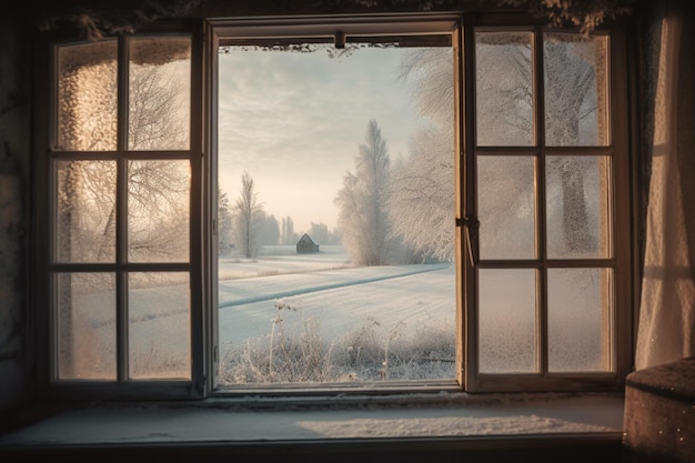 Una ventana con vidrio esmerilado y una casa al fondo.