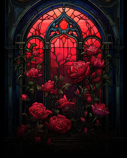 Ventana de vidrio con flores rojas pintadas