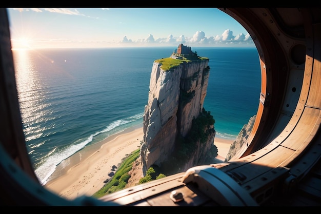 Una ventana con vista a un acantilado en el horizonte