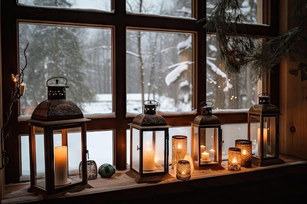 Una ventana con vista al aire libre cubierto de nieve decorada con farolillos festivos