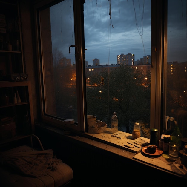 Foto una ventana con vista al horizonte de la ciudad y una botella de cerveza.