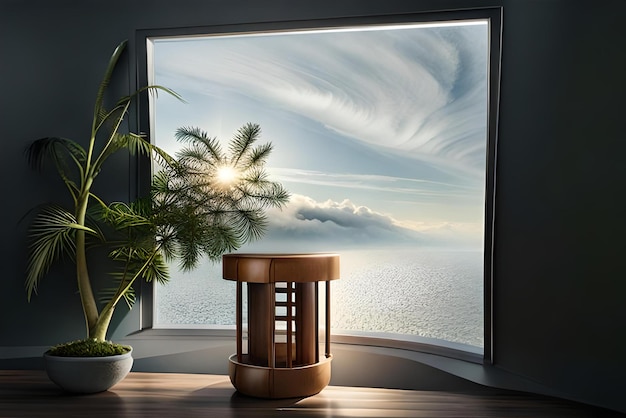 una ventana con vista al mar y palmeras