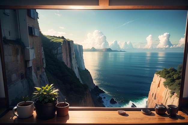 Una ventana con vista al mar y una planta en el lado derecho.