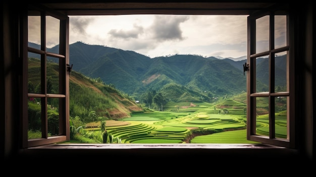 Una ventana con vista al valle y las montañas.