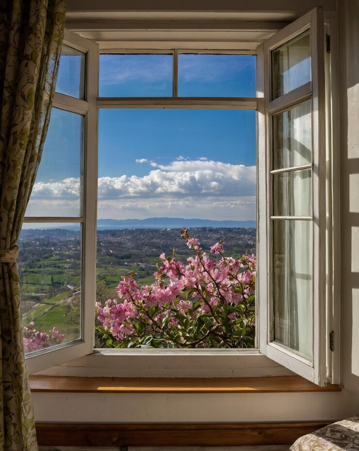 una ventana con una vista de la ciudad afuera