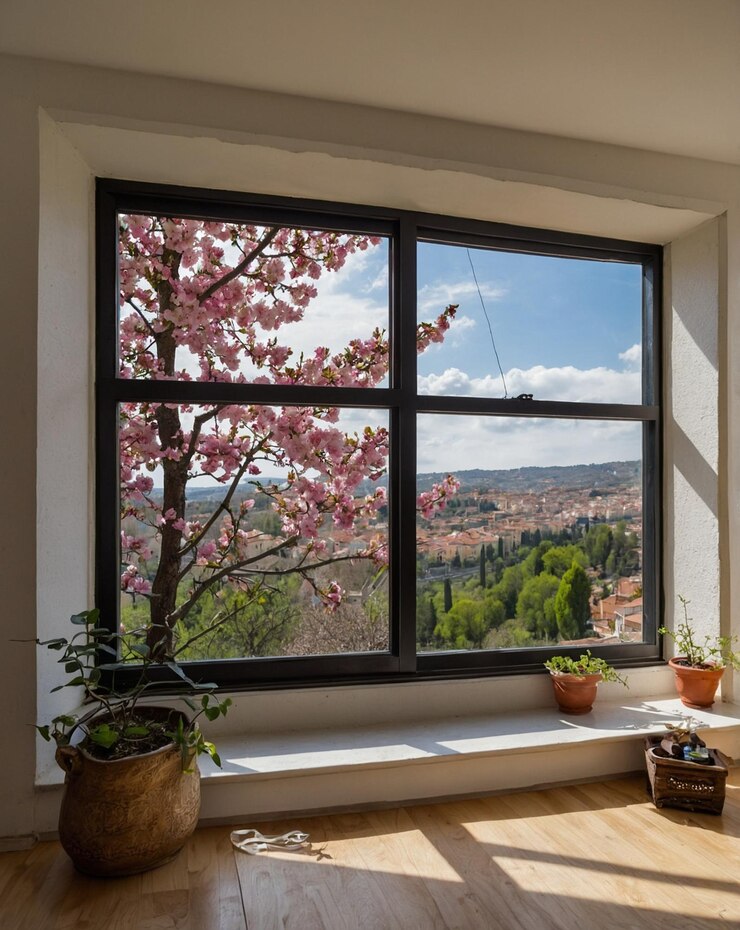 una ventana con una vista de la ciudad afuera
