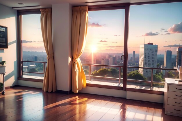 Una ventana con vista a una ciudad al fondo.