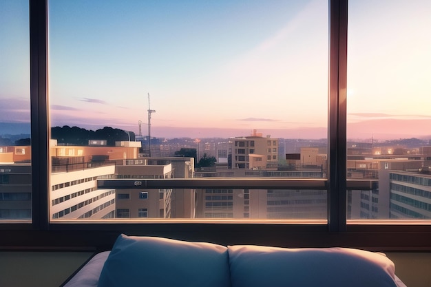 Una ventana con vista a la ciudad y una cama con una almohada.