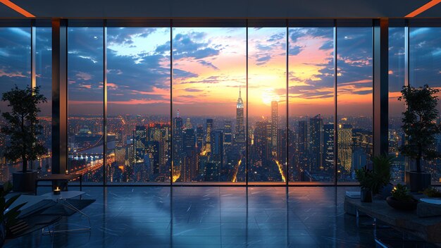 una ventana con una vista de una ciudad y la ciudad en el fondo