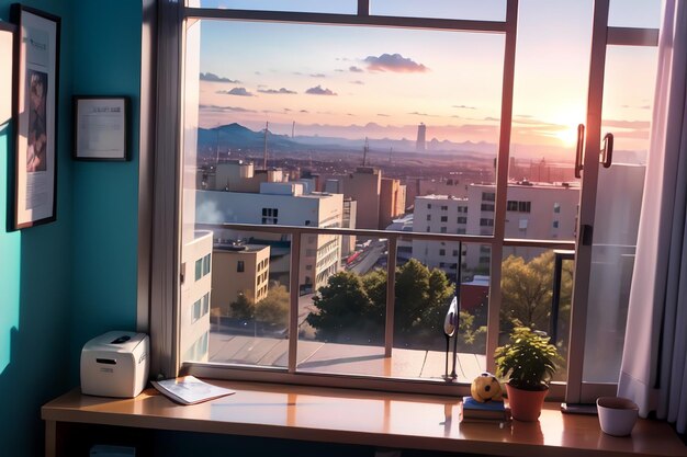 Una ventana con vista a la ciudad y un escritorio con una planta encima.