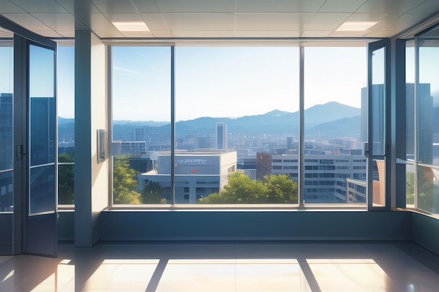 Una ventana con vista a la ciudad de fondo