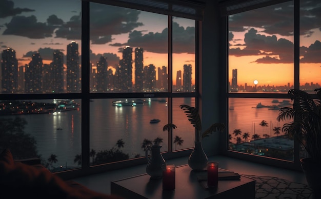 Una ventana con vista a una ciudad y una puesta de sol.