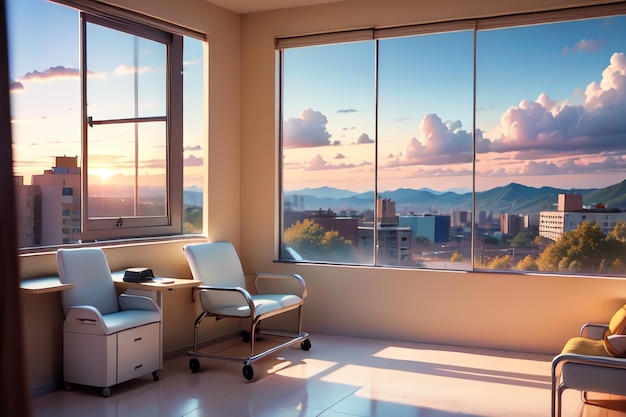 Una ventana con vista a la ciudad y una silla frente a ella