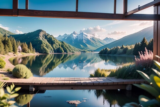 Una ventana con vista a una cordillera