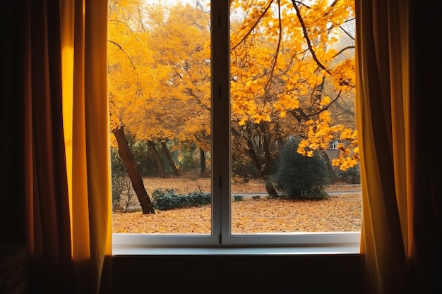 Ventana en la vista de la habitación en el parque de otoño con hojas de otoño en el concepto de otoño de árbol