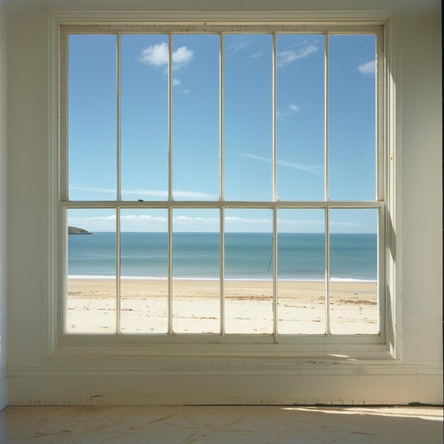 una ventana con la vista del mar en el fondo