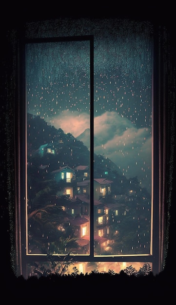 Ventana con vista a las montañas y al cielo nocturno