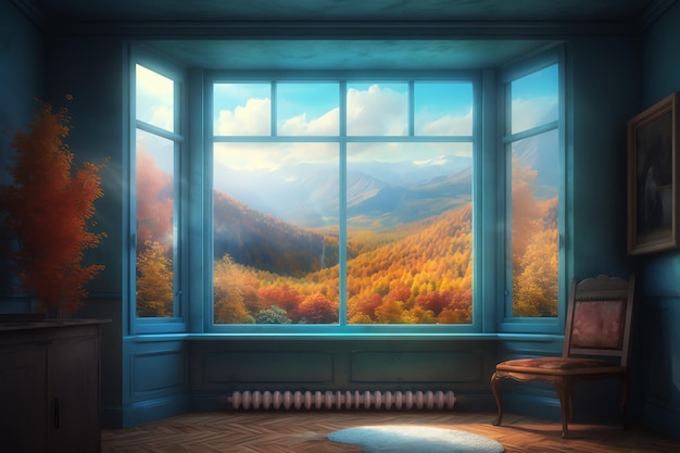 Una ventana con vista a las montañas y un cielo azul.