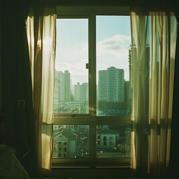 una ventana con una vista de un paisaje urbano desde una cama