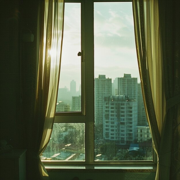 una ventana con una vista de un paisaje urbano desde una ventana